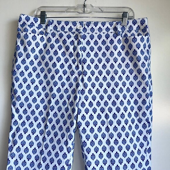 TALBOTS Perfect Skimmer White Blue Print Chino Capri Pants Size 14P Petite ~EUC - Picture 2 of 12